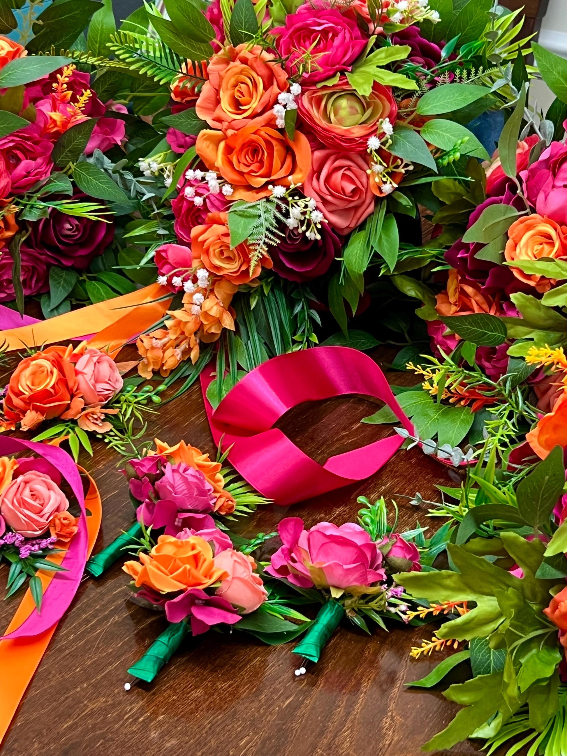 Orange Pink Cascading Bouquet Wedding Bridal Hot Pink Cascade Tropical Bridesmaids Bouquet Fuchsia Burnt Orange Ranunculus Magenta