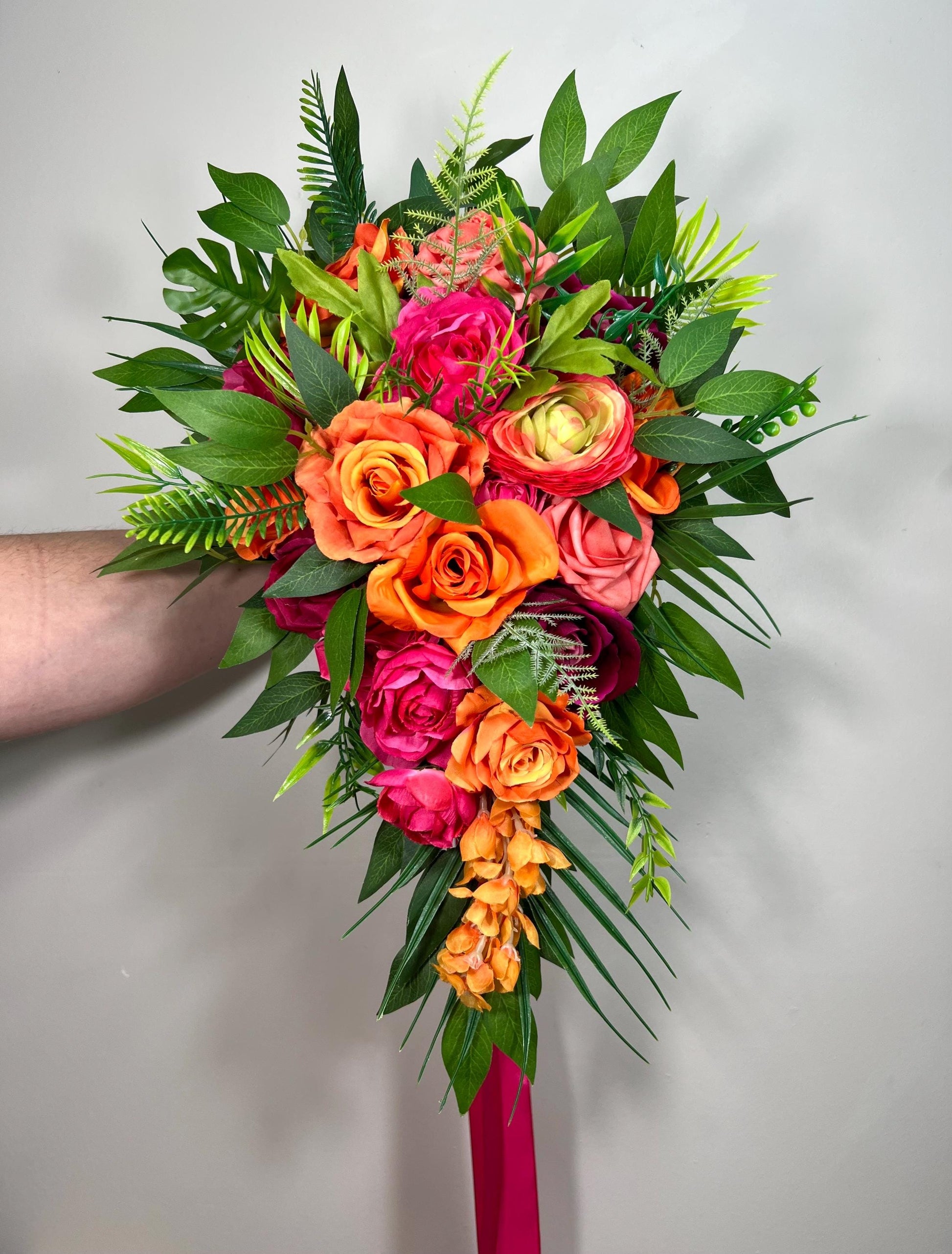 Orange Pink Cascading Bouquet Wedding Bridal Hot Pink Cascade Tropical Bridesmaids Bouquet Fuchsia Burnt Orange Ranunculus Magenta