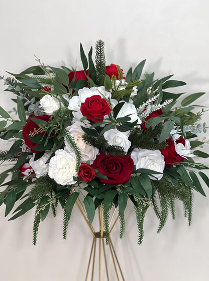 Christmas Centerpiece Wedding White Red Winter Flower Ball Table Decoration Ivory Dark Red Pine Evergreen Holiday Barrel Flowers Artiricial