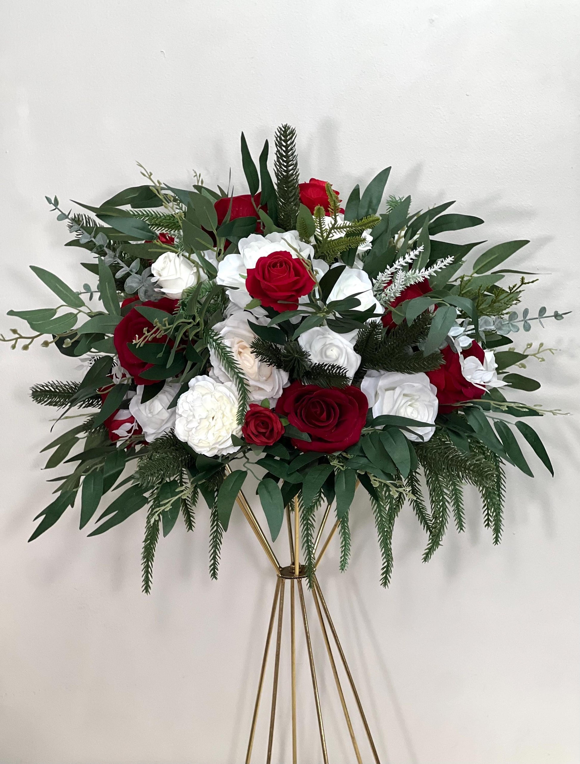 Christmas Centerpiece Wedding White Red Winter Flower Ball Table Decoration Ivory Dark Red Pine Evergreen Holiday Barrel Flowers Artiricial