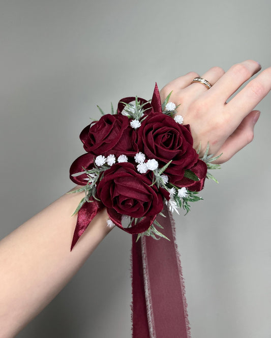 Burgundy Corsage Wedding Wrist Corsage Maroon Mom Corsage Wine Red Baby Breath Bridesmaids Corsage Prom Burgundy Artificial Flower