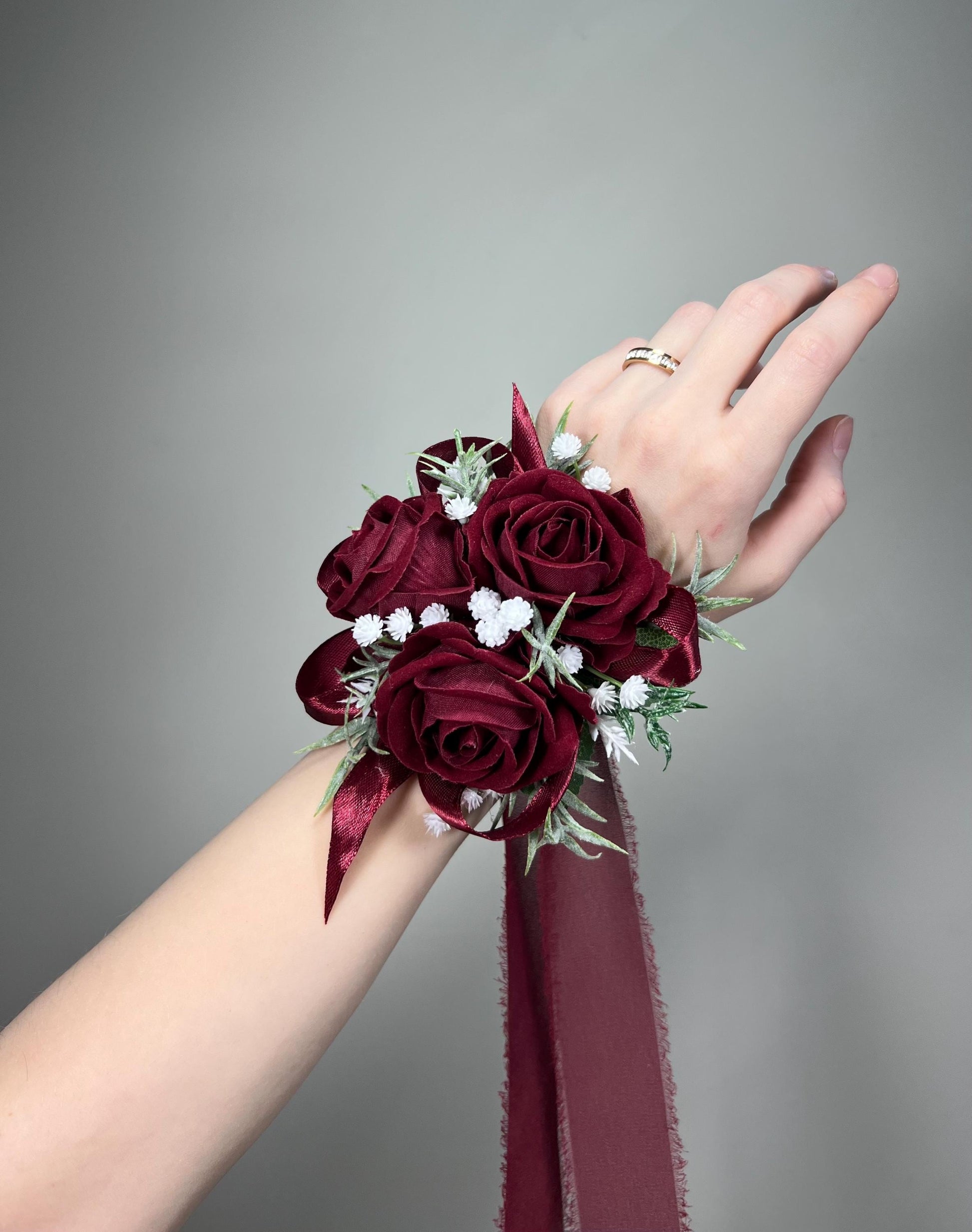 Burgundy Corsage Wedding Wrist Corsage Maroon Mom Corsage Wine Red Baby Breath Bridesmaids Corsage Prom Burgundy Artificial Flower