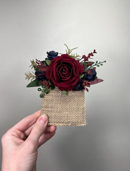 Burgundy Navy Blue Pocket Boutonniere Wedding Groom Square Boutonniere Maroon Rose Burgundy Dark Blue Rustic Prom Artificial Flower
