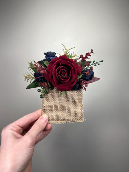 Burgundy Navy Blue Pocket Boutonniere Wedding Groom Square Boutonniere Maroon Rose Burgundy Dark Blue Rustic Prom Artificial Flower