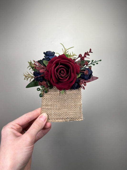 Burgundy Navy Blue Pocket Boutonniere Wedding Groom Square Boutonniere Maroon Rose Burgundy Dark Blue Rustic Prom Artificial Flower