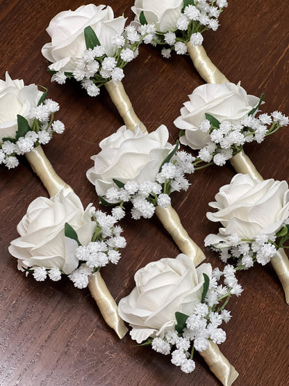 White Boutonniere Wedding Groom Boutonnière Baby Breath White Rose Groomsmen Rustic Boutonnières Prom Ivory Classic Artificial Flowers