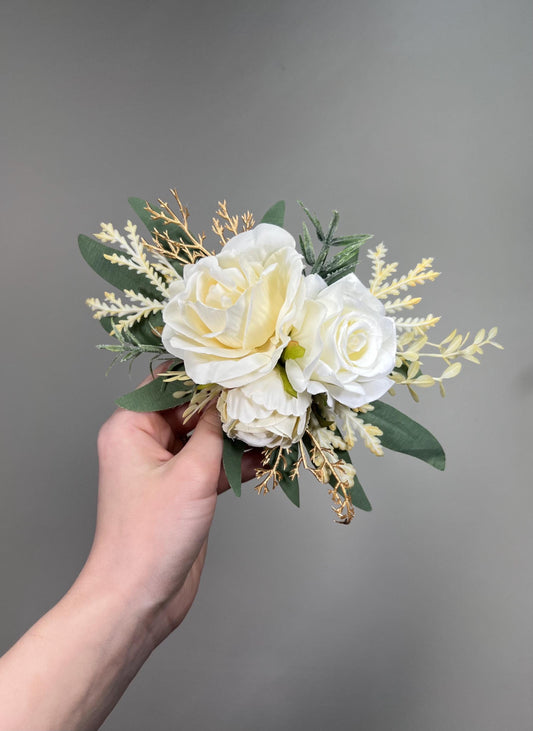 Ivory Cake Decoration Wedding Artificial Flowers Cream Champagne Gold Cake Flowers Topper Arrangement Off White Silk Flowers Sage Greenery