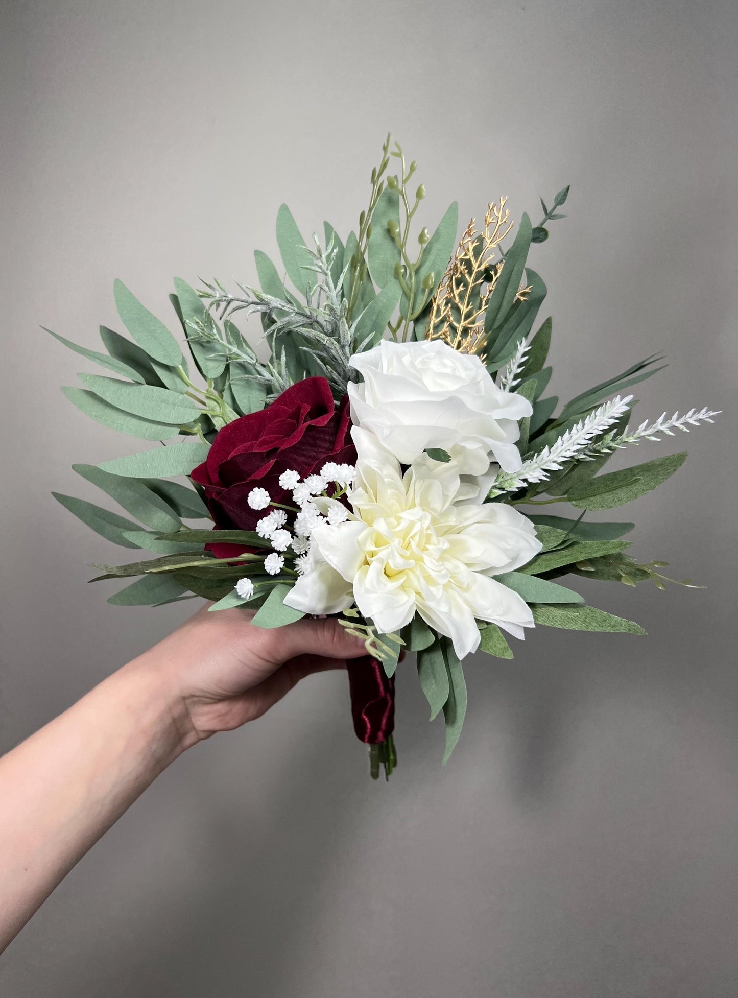 White Burgundy Winter Bouquet Small Bridesmaids Petite Christmas Bouquet Eucalyptus Holiday Ivory Wine Red Baby Breath Artificial Flowers