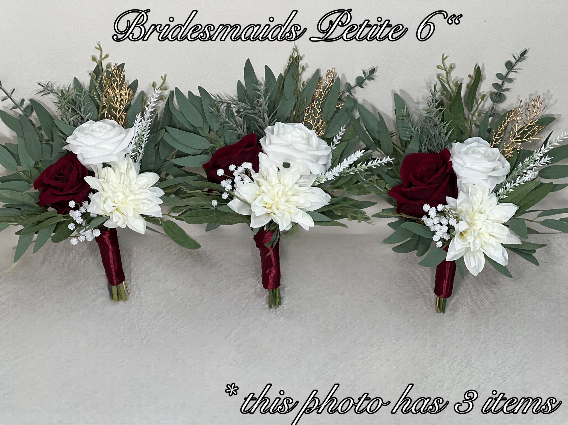 White Burgundy Winter Bouquet Small Bridesmaids Petite Christmas Bouquet Eucalyptus Holiday Ivory Wine Red Baby Breath Artificial Flowers
