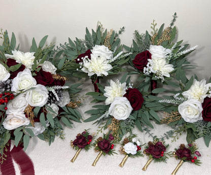 White Burgundy Winter Bouquet Small Bridesmaids Petite Christmas Bouquet Eucalyptus Holiday Ivory Wine Red Baby Breath Artificial Flowers