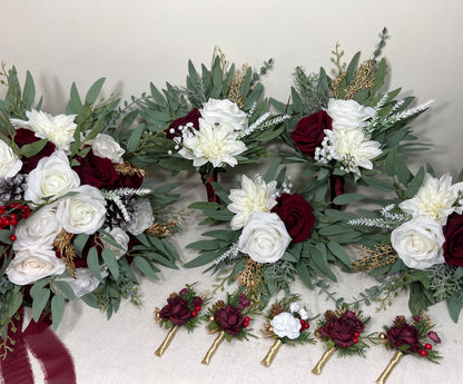 Wedding Bouquet Burgundy Bridal Red Rustic Bouquet Burgundy Bridesmaids White Christmas Bouquet Eucalyptus Dahlia Ivory Artificial Flowers