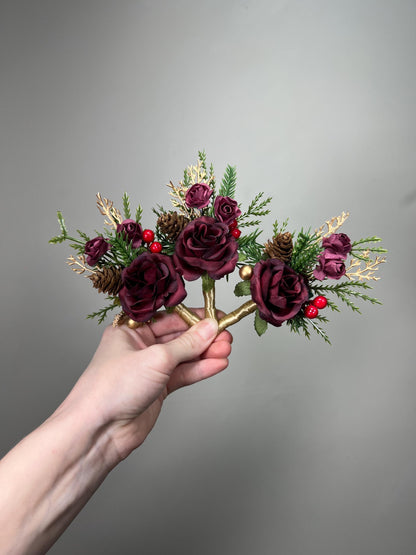 White Burgundy Winter Bouquet Small Bridesmaids Petite Christmas Bouquet Eucalyptus Holiday Ivory Wine Red Baby Breath Artificial Flowers