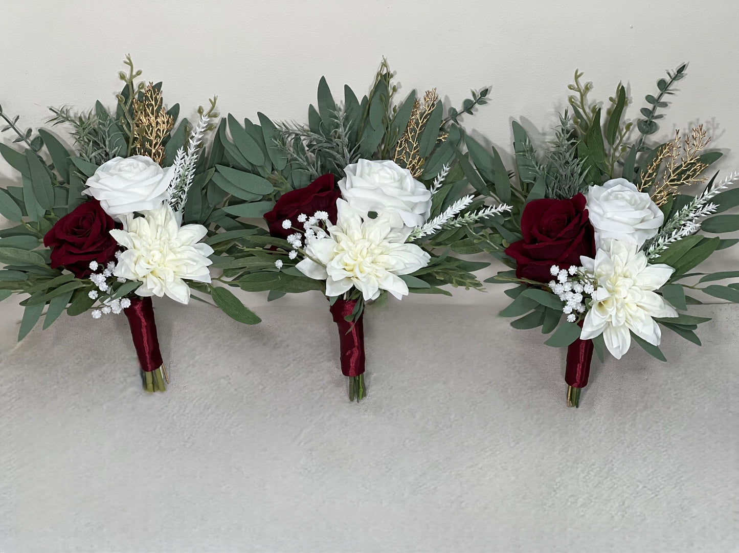 White Burgundy Winter Bouquet Small Bridesmaids Petite Christmas Bouquet Eucalyptus Holiday Ivory Wine Red Baby Breath Artificial Flowers