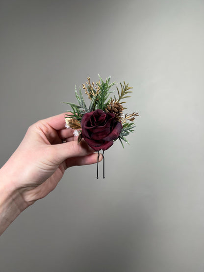 Burgundy Boutonnière Wedding Winter Groom Gold Groomsmen Maroon Boutonnière Christmas Holiday Pine Cones Rustic Artificial Flowers