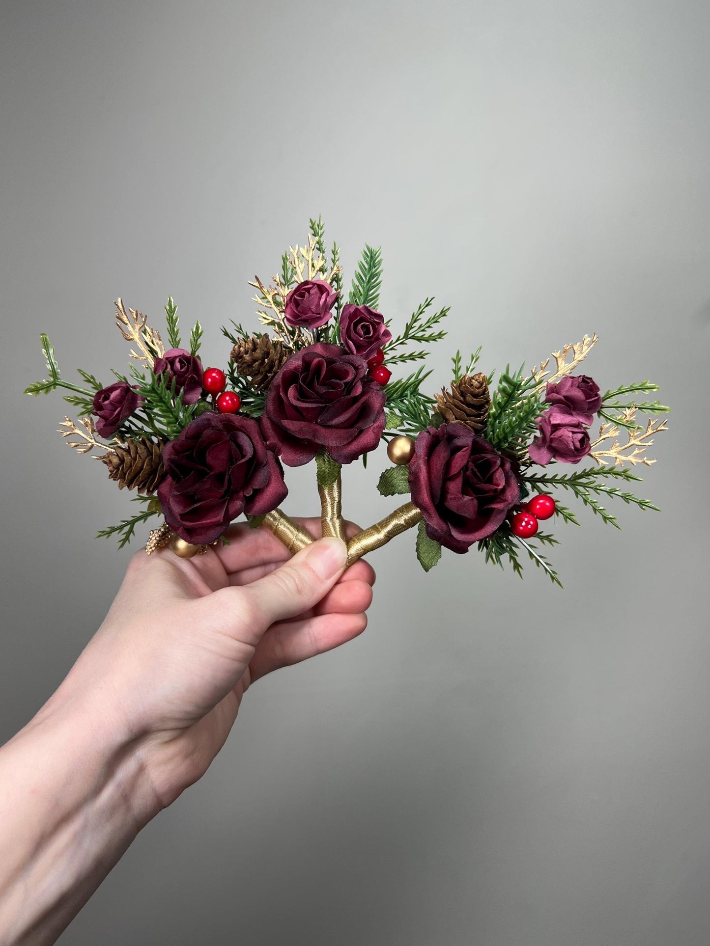 Burgundy Boutonnière Wedding Winter Groom Gold Groomsmen Maroon Boutonnière Christmas Holiday Pine Cones Rustic Artificial Flowers