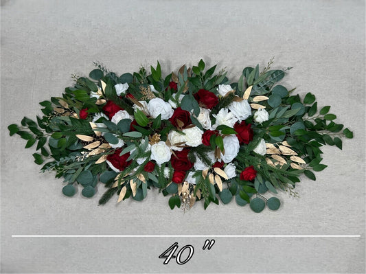 Christmas Centerpiece Wedding White Red Table Decor Arrangement Pine Cone Sweetheart Winter Ivory Gold Pine Tree Dark Red Artificial