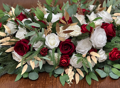 Christmas Centerpiece Wedding White Red Table Decor Arrangement Pine Cone Sweetheart Winter Ivory Gold Pine Tree Dark Red Artificial