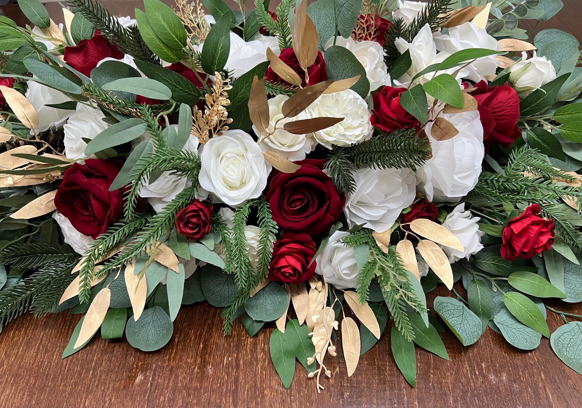 Christmas Centerpiece Wedding White Red Table Decor Arrangement Pine Cone Sweetheart Winter Ivory Gold Pine Tree Dark Red Artificial