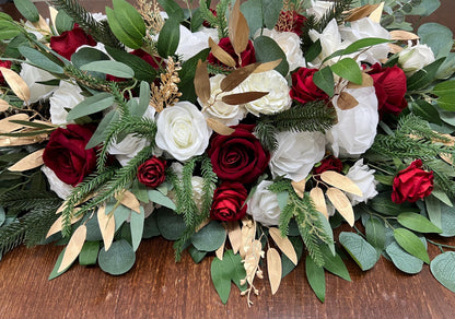 Christmas Centerpiece Wedding White Red Table Decor Arrangement Pine Cone Sweetheart Winter Ivory Gold Pine Tree Dark Red Artificial