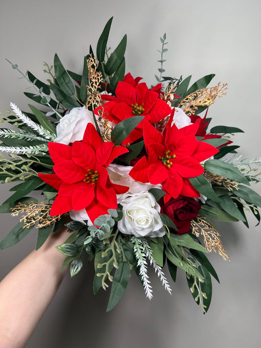 Poinsettia Bouquet Christmas Wedding Bridal Winter White Red Poinsettia Bouquet Gold Rustic Holiday Christmas Flowers Artificial Flowers