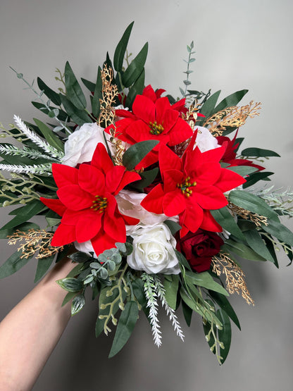 Poinsettia Bouquet Christmas Wedding Bridal Winter White Red Poinsettia Bouquet Gold Rustic Holiday Christmas Flowers Artificial Flowers