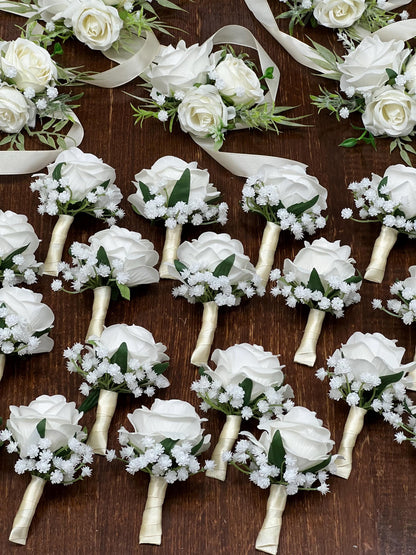 White Wedding Corsage Ivory Classic Wrist Pin-on Bridesmaids Prom Décor Mom Accessories Artificial Flower Baby's Breath DUP