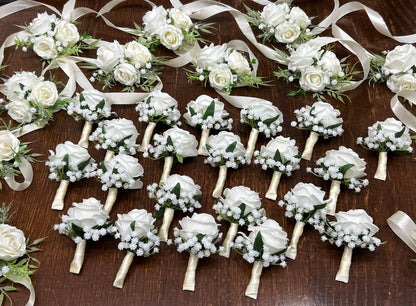 White Boutonniere Wedding Groom Boutonnière Baby Breath White Rose Groomsmen Rustic Boutonnières Prom Ivory Classic Artificial Flowers