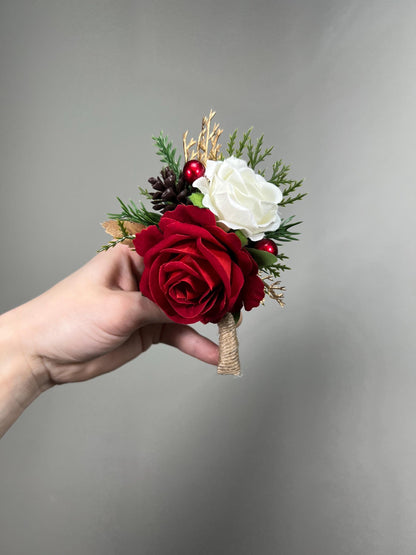 Christmas Boutonnière Wedding Red Rose White Rustic Groom Boutonniere Winter Groomsmen Gold Pine Cones Holiday Artificial Flowers Evergreen