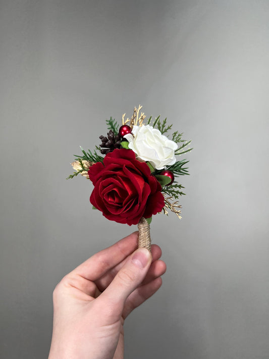 Christmas Boutonnière Wedding Red Rose White Rustic Groom Boutonniere Winter Groomsmen Gold Pine Cones Holiday Artificial Flowers Evergreen