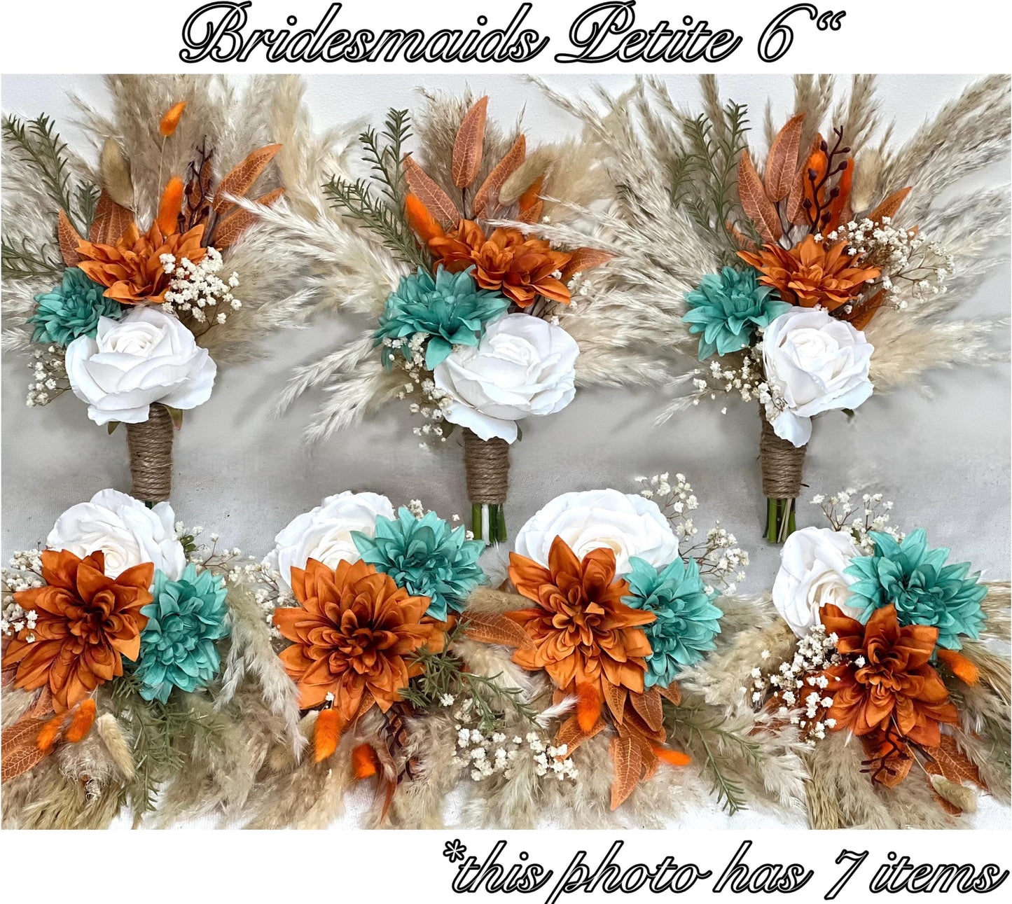 Bridesmaids Bouquet Teal Orange Wedding Boho Turquoise Terracotta Small Bouquet Petite Pampas Grass Rust Baby Breath White Ivory Teal Blue