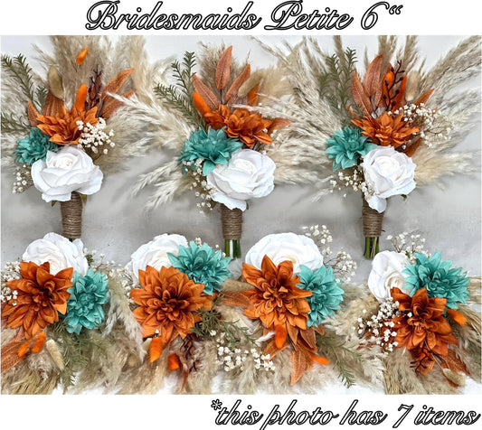 Bridesmaids Bouquet Teal Orange Wedding Boho Turquoise Terracotta Small Bouquet Petite Pampas Grass Rust Baby Breath White Ivory Teal Blue