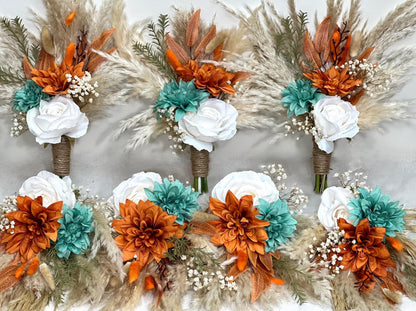 Bridesmaids Bouquet Teal Orange Wedding Boho Turquoise Terracotta Small Bouquet Petite Pampas Grass Rust Baby Breath White Ivory Teal Blue