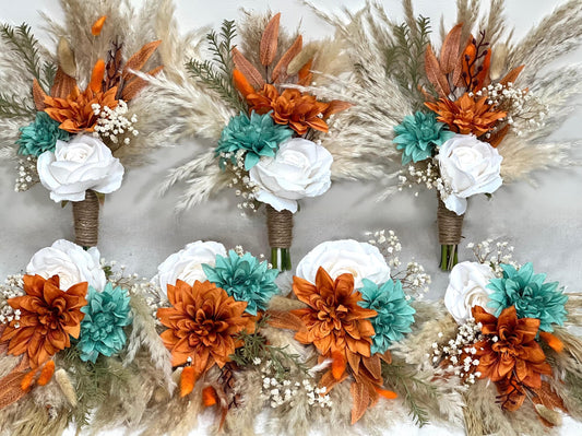 Turquoise Burnt Orange Bouquet Petite Bridesmaids Small Boho Teal Blue Terracotta Bouquet Pampas Grass White Rust Artificial Flowers