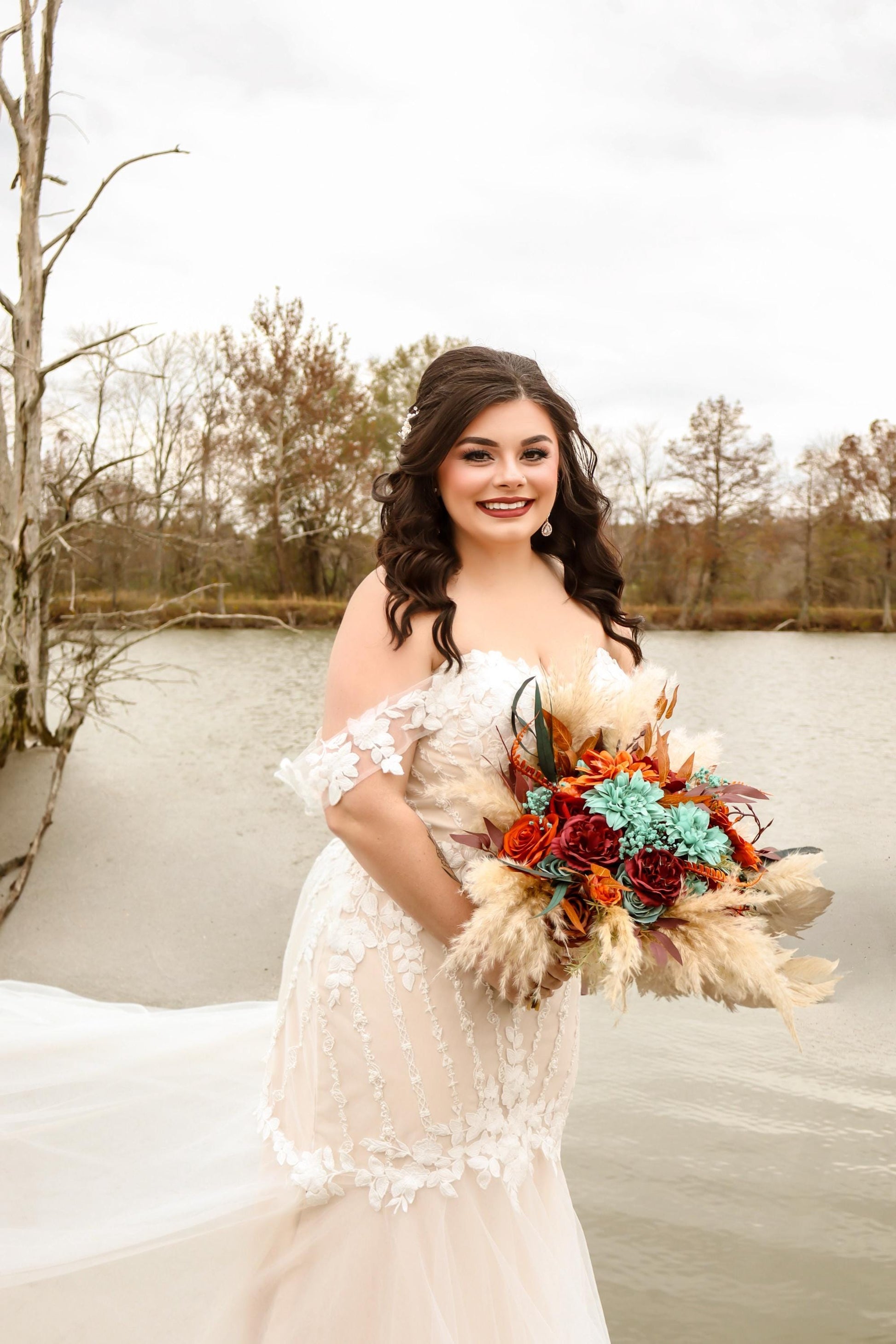 Teal Burnt Orange Burgundy Bouquet Wedding Bridal Boho Turquoise Terracotta Bouquet Pampas Grass Bridesmaids Teal Blue Burgundy Rust Bouquet