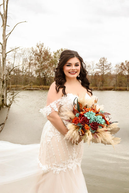 Teal Burnt Orange Burgundy Bouquet Wedding Bridal Boho Turquoise Terracotta Bouquet Pampas Grass Bridesmaids Teal Blue Burgundy Rust Bouquet
