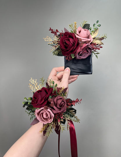 Burgundy Hair Pin Wedding Dusty Mauve Gold Hair Accessories Bridal Hairpiece Bridesmaids Artificial Flowers Hair Pin Flower Girl Silk Flower