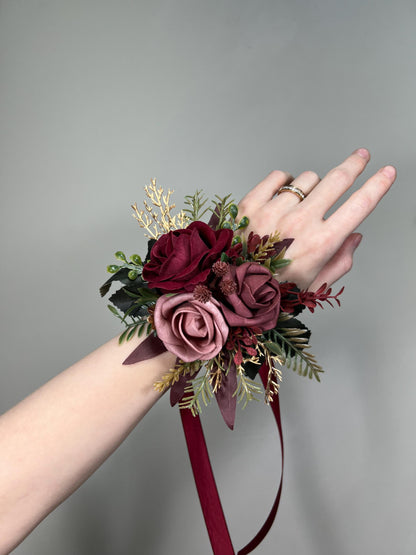 Burgundy Dusty Rose Corsage Wedding Mauve Rustic Wrist Corsage Bridesmaids Prom Gold Wine Red Maroon Wristlet Blush Artificial Flowers
