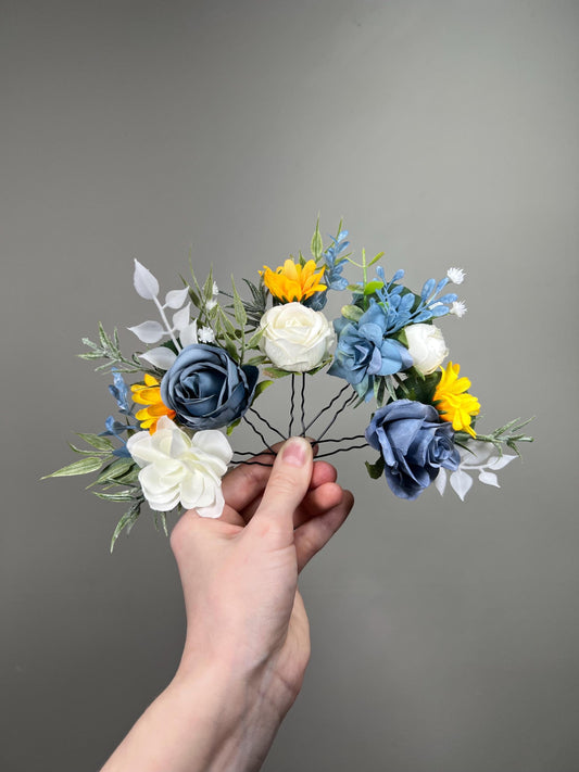 White Dusty Blue Sunflower Hair Pins Wedding Hair Accessories Ivory Yellow Sunflower Hair Pin Flower Artificial Eucalyptus Baby Breath