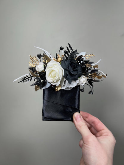 Black White Pocket Boutonniere Wedding Groom Square Boutonnière Black Gold Gothic Groomsmen Men Accessory Prom Artificial Flowers