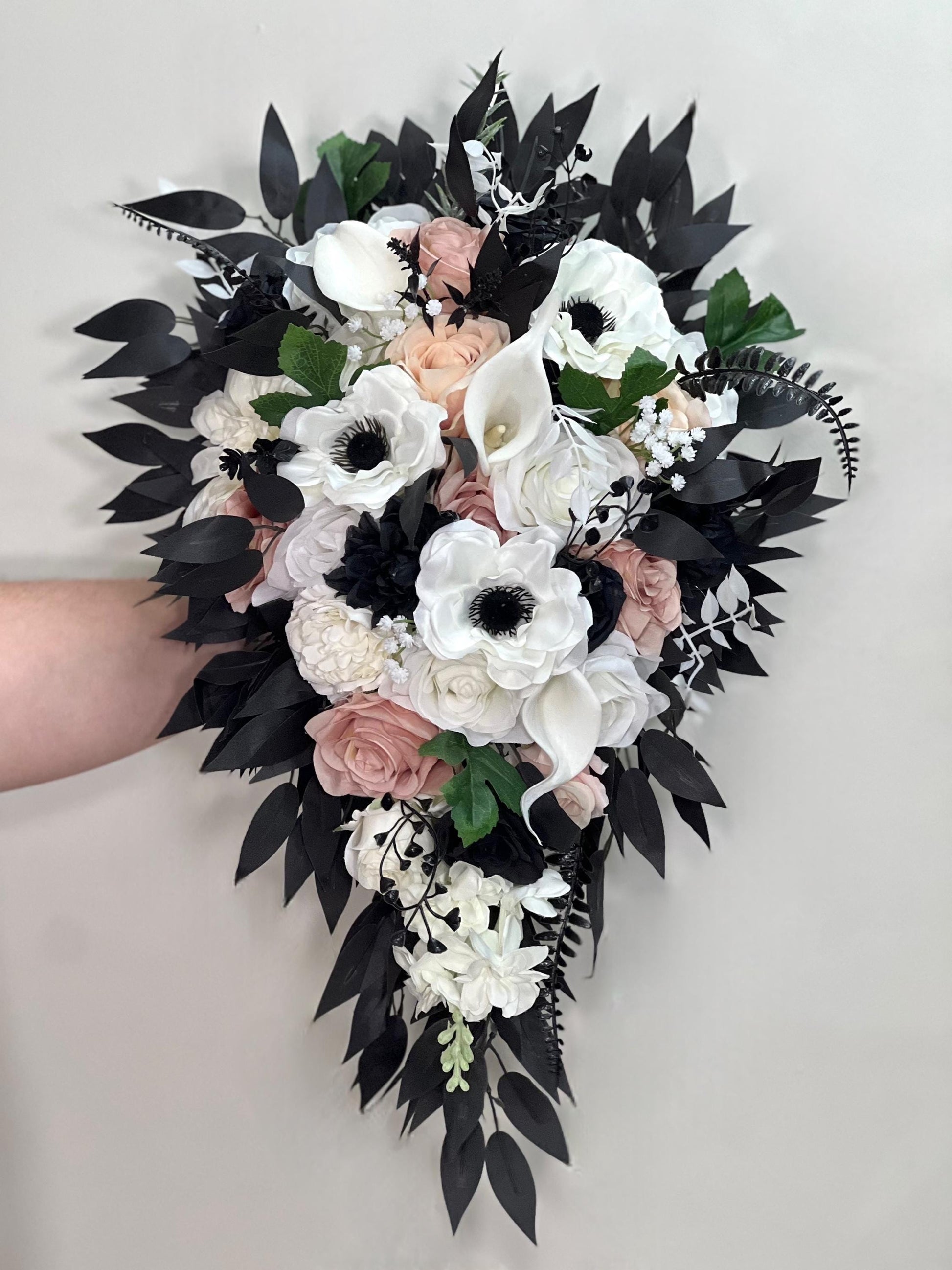 Black Bouquet Cascade White Bridal Gothic Cascading Bouquet Black Dusty Rose Bridesmaids Black Bouquet Ivory Anemone Artificial Flower