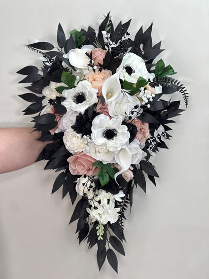 Black Bouquet Cascade White Bridal Gothic Cascading Bouquet Black Dusty Rose Bridesmaids Black Bouquet Ivory Anemone Artificial Flower