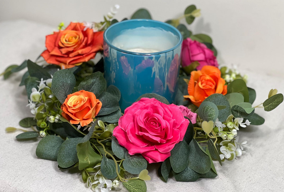 Wreath Centerpiece Wedding Hot Pink Orange Eucalyptus Candle Garland Wreath Lantern Ring Greenery Sage Green Fuchsia Burnt Orange Artificial