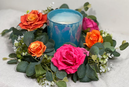 Wreath Centerpiece Wedding Hot Pink Orange Eucalyptus Candle Garland Wreath Lantern Ring Greenery Sage Green Fuchsia Burnt Orange Artificial