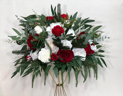 Christmas Centerpiece Wedding White Red Winter Flower Ball Table Decoration Ivory Dark Red Pine Evergreen Holiday Barrel Flowers Artiricial