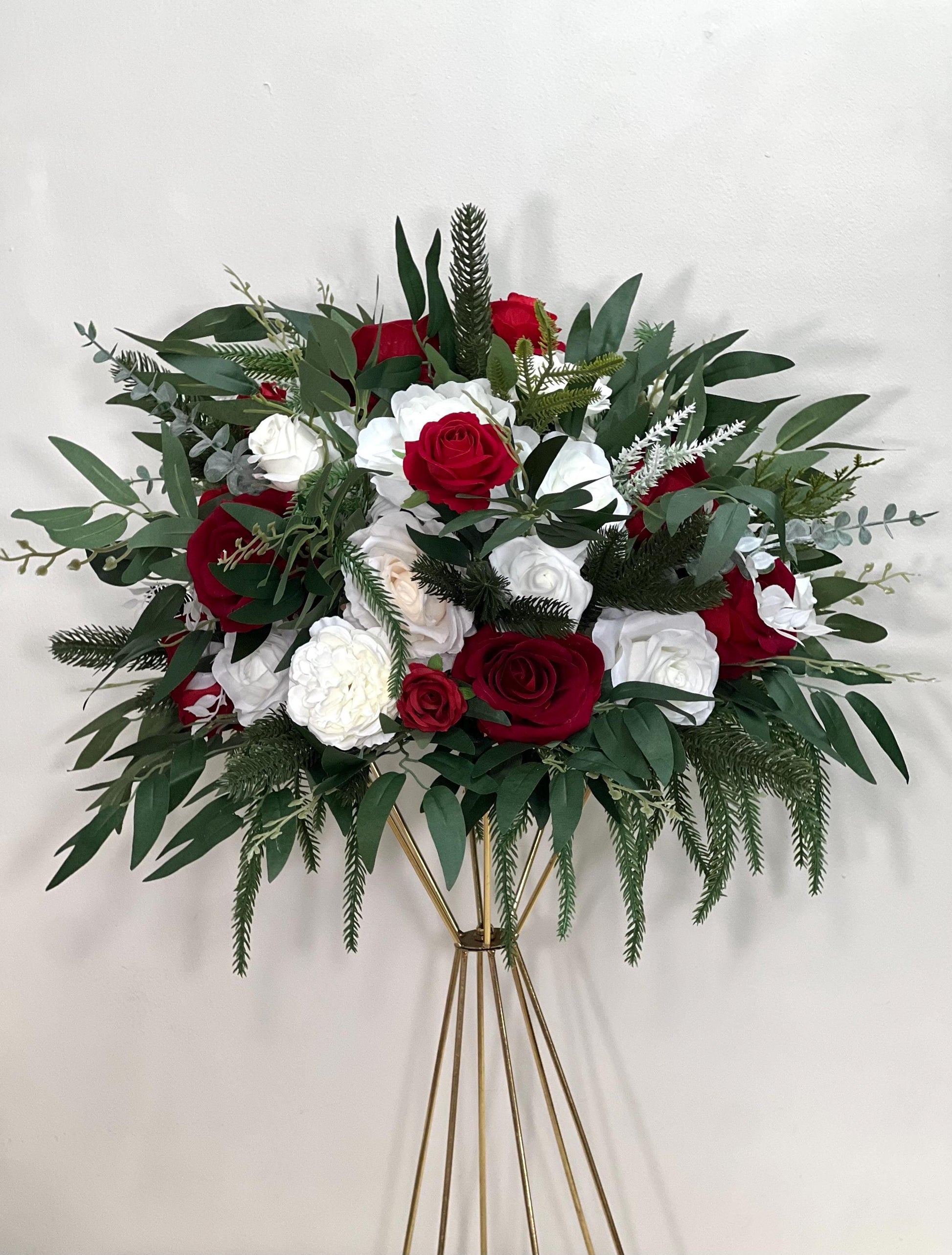Christmas Centerpiece Wedding White Red Winter Flower Ball Table Decoration Ivory Dark Red Pine Evergreen Holiday Barrel Flowers Artiricial