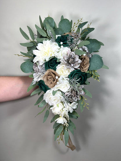 Emerald Green Cascading Bridal Bouquet Burlap Roses Vintage Jute Bouquet Rustic Grey Bridesmaids Cascade White Hunter Reddit