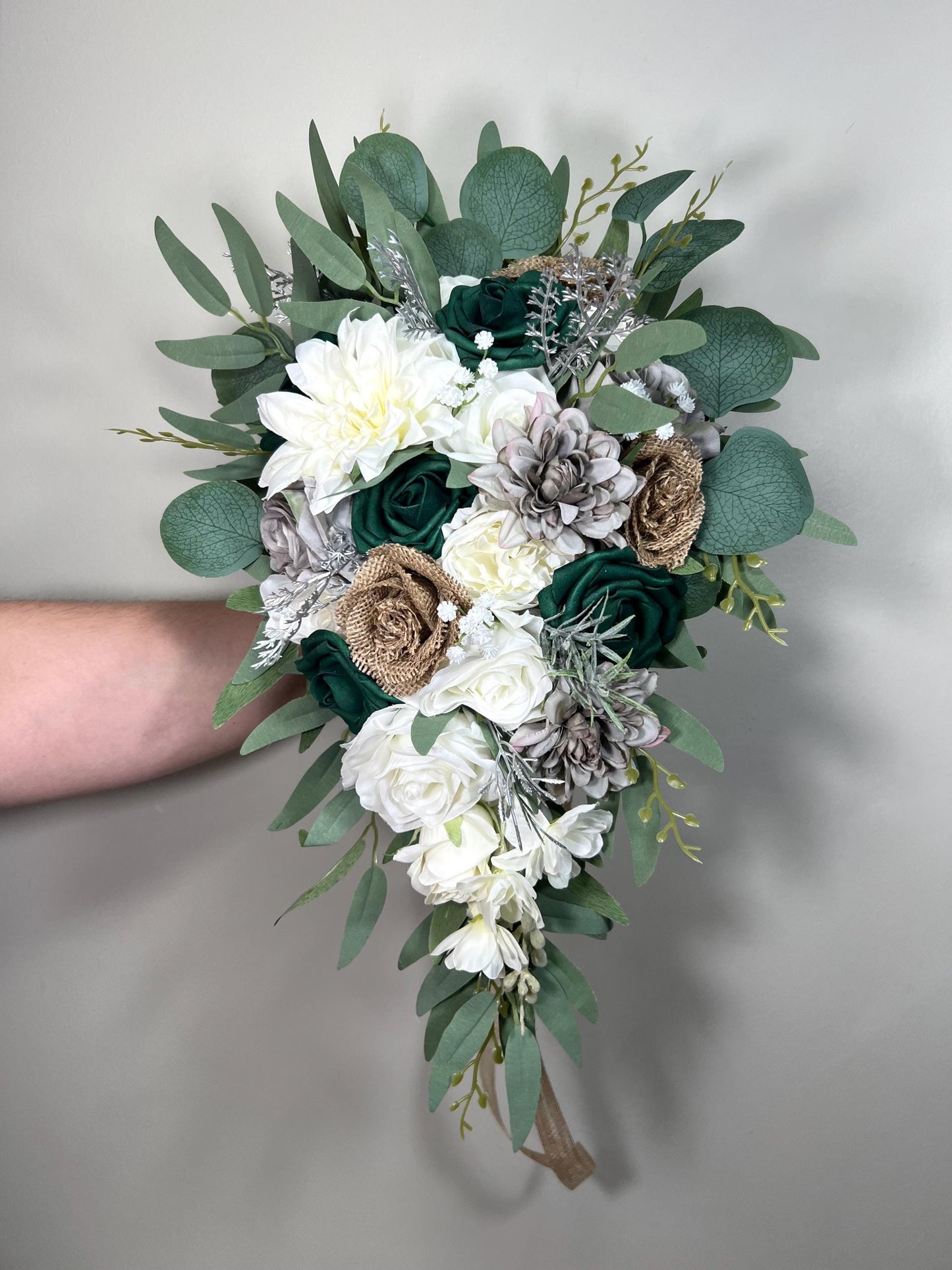 Emerald Green Cascading Bridal Bouquet Burlap Roses Vintage Jute Bouquet Rustic Grey Bridesmaids Cascade White Hunter