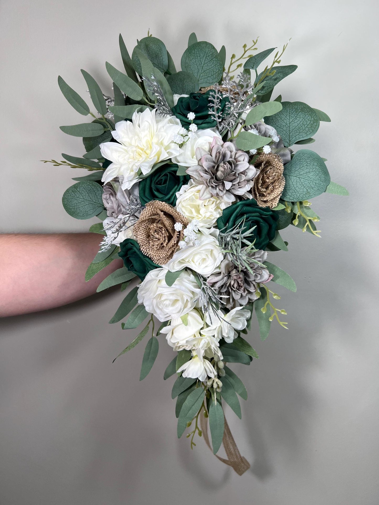 Emerald Green Cascading Bridal Bouquet Burlap Roses Vintage Jute Bouquet Rustic Grey Bridesmaids Cascade White Hunter