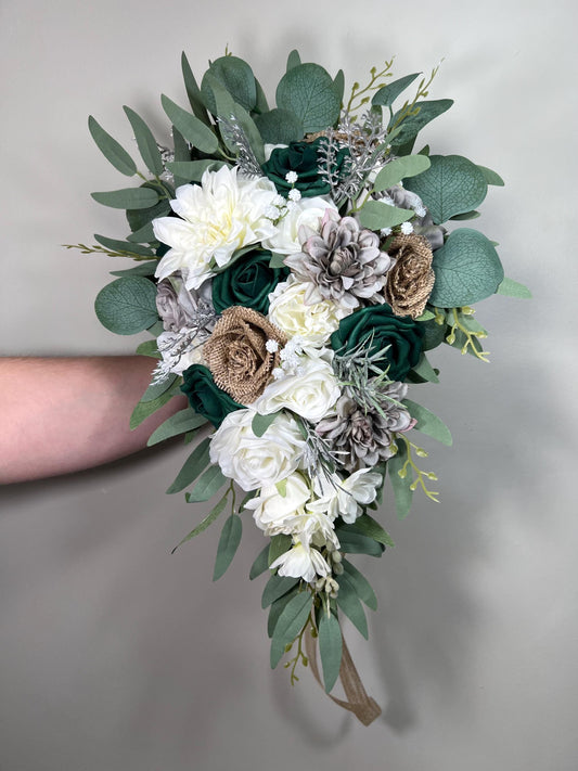 Emerald Green Cascading Bridal Bouquet Burlap Roses Vintage Jute Bouquet Rustic Grey Bridesmaids Cascade White Hunter Reddit
