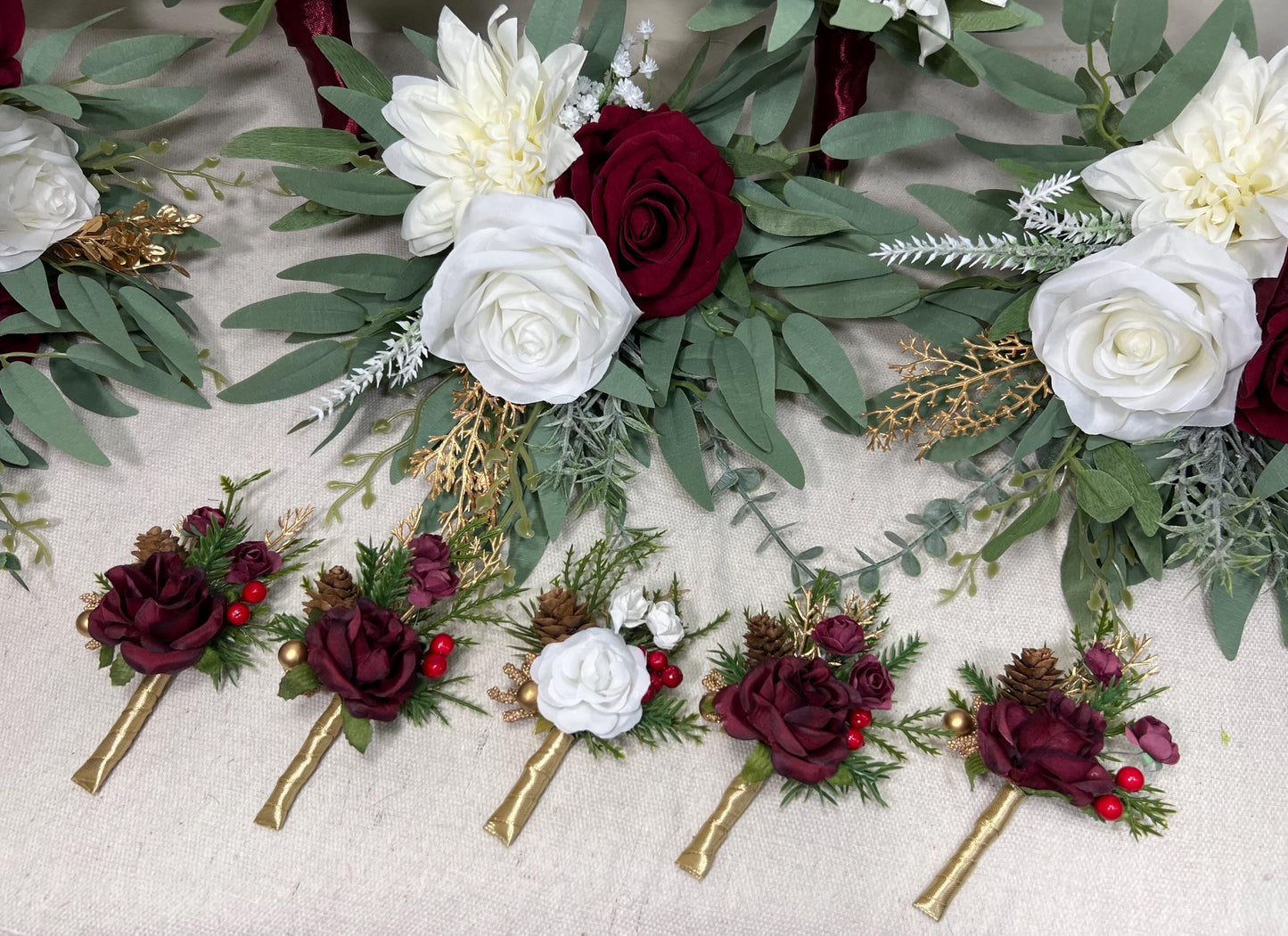 White Burgundy Winter Bouquet Small Bridesmaids Petite Christmas Bouquet Eucalyptus Holiday Ivory Wine Red Baby Breath Artificial Flowers